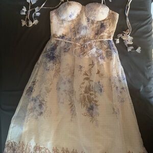 Floral Strapless Midi Dress in Cream and Lavender